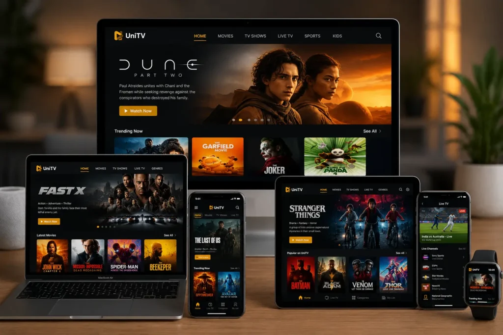 UniTV APK iOS Download for iPhone & iPad (Latest Version Guide) 5 Apple devices including iPhone, iPad, MacBook, iMac, and Apple Watch displaying the UniTV streaming app with movies, TV shows, and live sports on their screens.