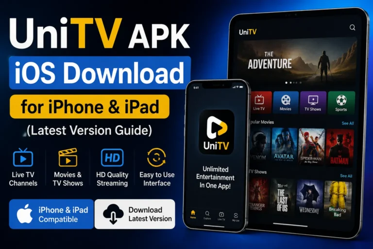 UniTV APK iOS Download for iPhone and iPad featured image showing the latest version, HD streaming, live TV channels, movies, TV shows, and UniTV app interface on iPhone and iPad.