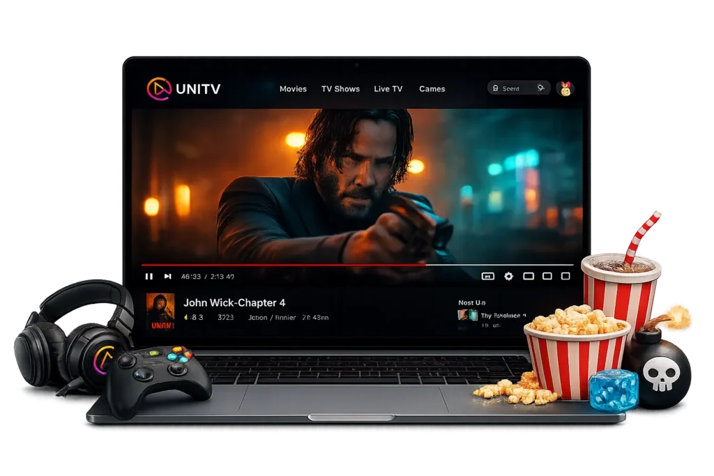 Download UniTV PC APK Latest Version Free (Windows 11/10/8/7) 3 Laptop displaying the UniTV app streaming a movie in full-screen mode with playback controls visible. The setup includes headphones, a gaming controller, popcorn, a soft drink, and entertainment accessories on a transparent background.