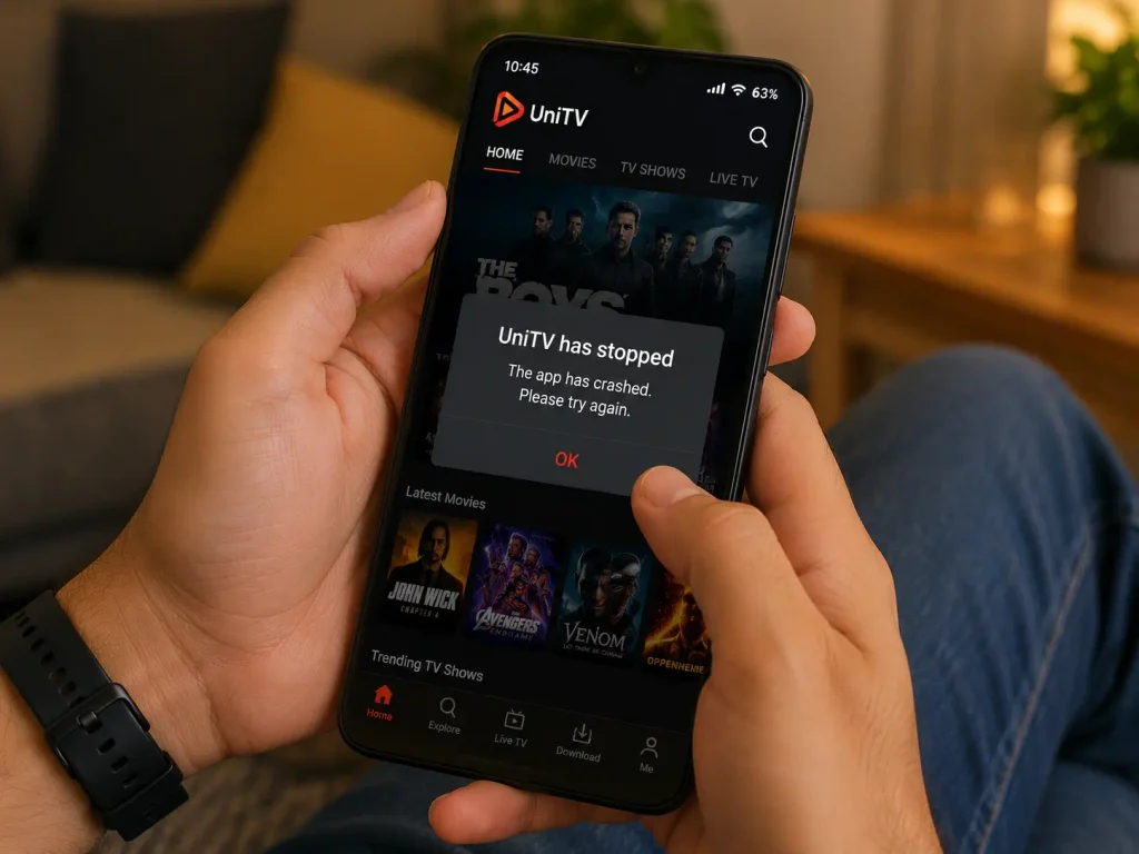 UniTV APK Keeps Crashing – Causes and Easy Fixes 1 Person holding a smartphone with UniTV APK showing an app crash error.