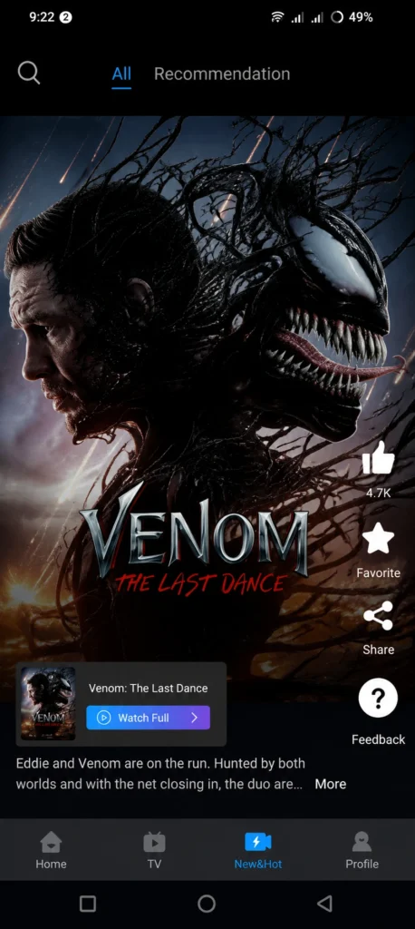 UniTV APK Download Latest Version v4.14.1 Android Free 2026 8 UniTV APK movie streaming screen showing a featured action movie with video player controls, watch button, movie details, and dark-themed entertainment interface.