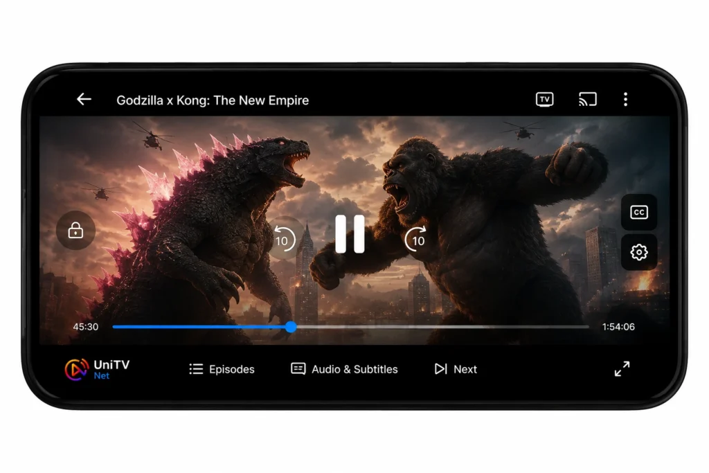 UniTV APK Download Latest Version v4.14.1 Android Free 2026 3 Angled smartphone displaying the UniTV APK video player with a movie streaming in full screen, featuring playback controls, progress bar, subtitles option, and a modern dark-themed streaming interface.