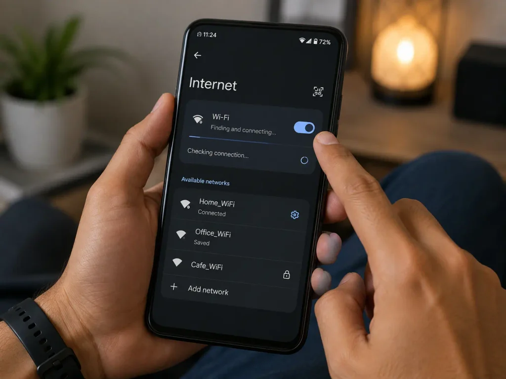 UniTV APK Keeps Crashing – Causes and Easy Fixes 2 Person checking the internet connection and Wi-Fi settings on a smartphone.