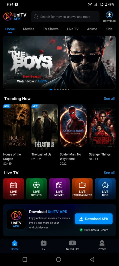 UniTV APK Download Latest Version v4.14.1 Android Free 2026 9 UniTV APK home screen displaying trending movies, TV shows, live TV categories, search bar, and download section in a modern dark-themed streaming interface.