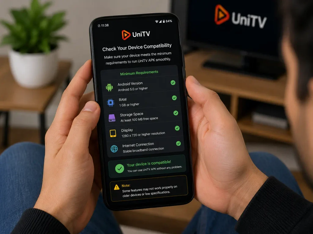 UniTV APK Keeps Crashing – Causes and Easy Fixes 3 Person checking UniTV APK device compatibility requirements on a smartphone.