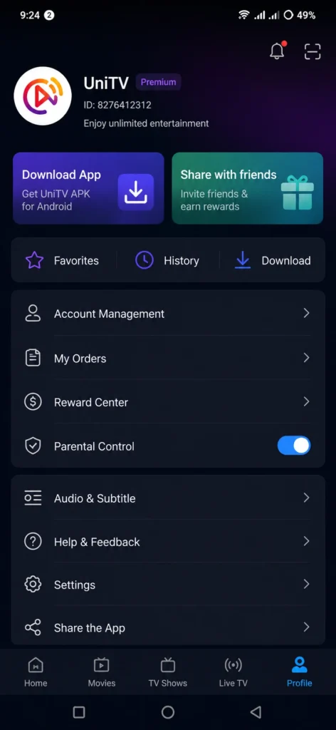 UniTV APK Download Latest Version v4.14.1 Android Free 2026 10 UniTV APK profile screen showing account settings, download options, favorites, watch history, parental controls, subtitles, and app settings in a dark-themed interface.