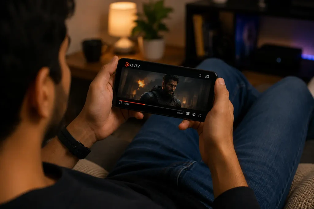 UniTV APK Keeps Crashing – Causes and Easy Fixes 4 Person watching a movie on the UniTV app using a smartphone.