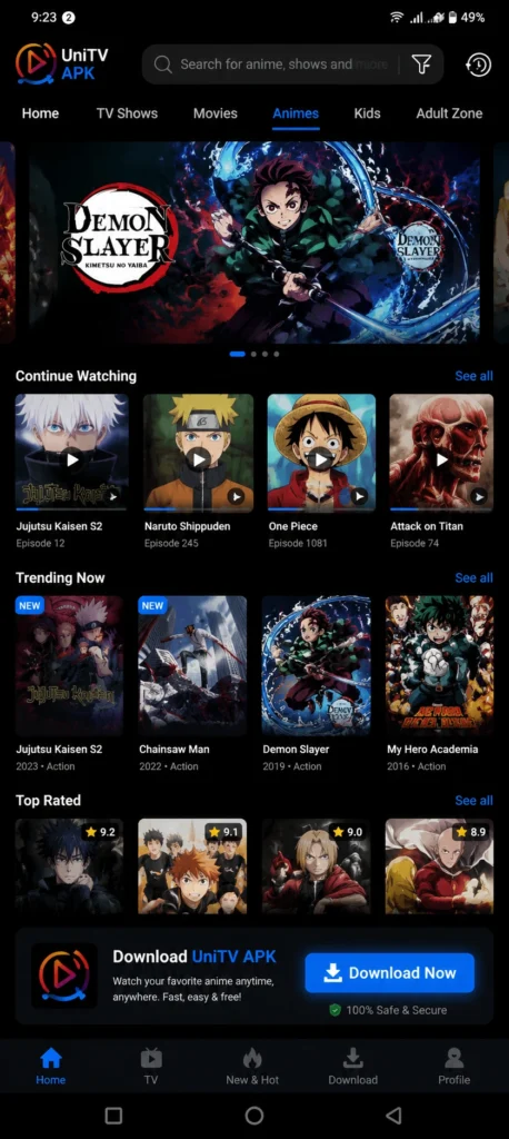 UniTV APK Download Latest Version v4.14.1 Android Free 2026 11 UniTV APK anime section featuring trending anime series, continue watching list, top-rated anime, search bar, and download banner in a dark-themed streaming app interface.