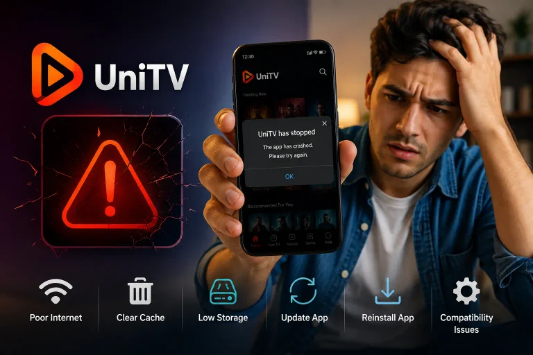 Person holding a smartphone showing a UniTV APK crash error with common troubleshooting solutions.