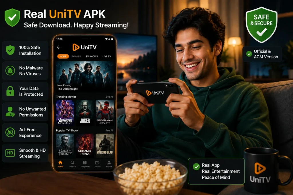 Happy user relaxing while watching UniTV on a TV and phone, with safe download, live TV, HD streaming, and no ads.