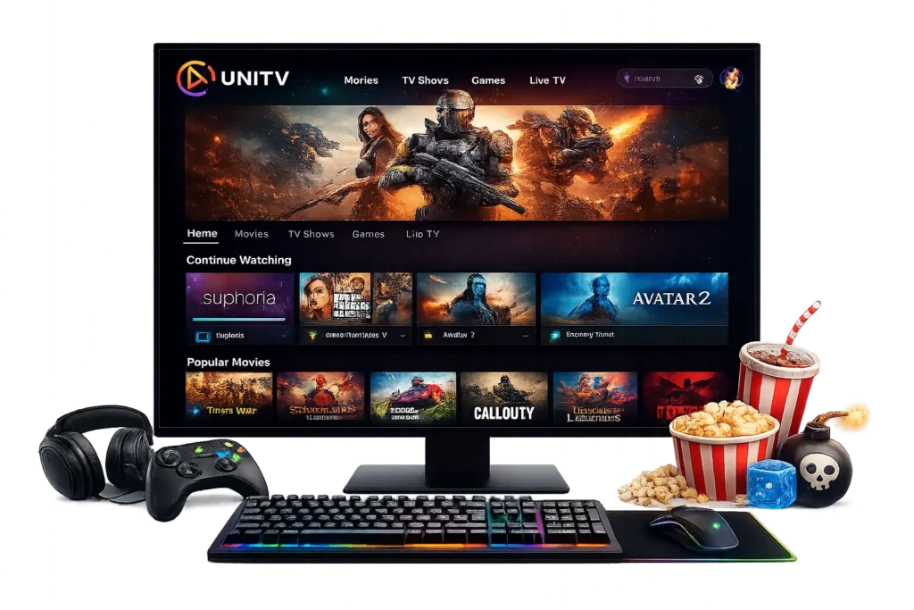 Download UniTV PC APK Latest Version Free (Windows 11/10/8/7) 1 Desktop PC displaying the UniTV streaming app homepage with movie categories, featured content, gaming accessories, popcorn, soda, keyboard, mouse, headphones, and controller on a transparent background.