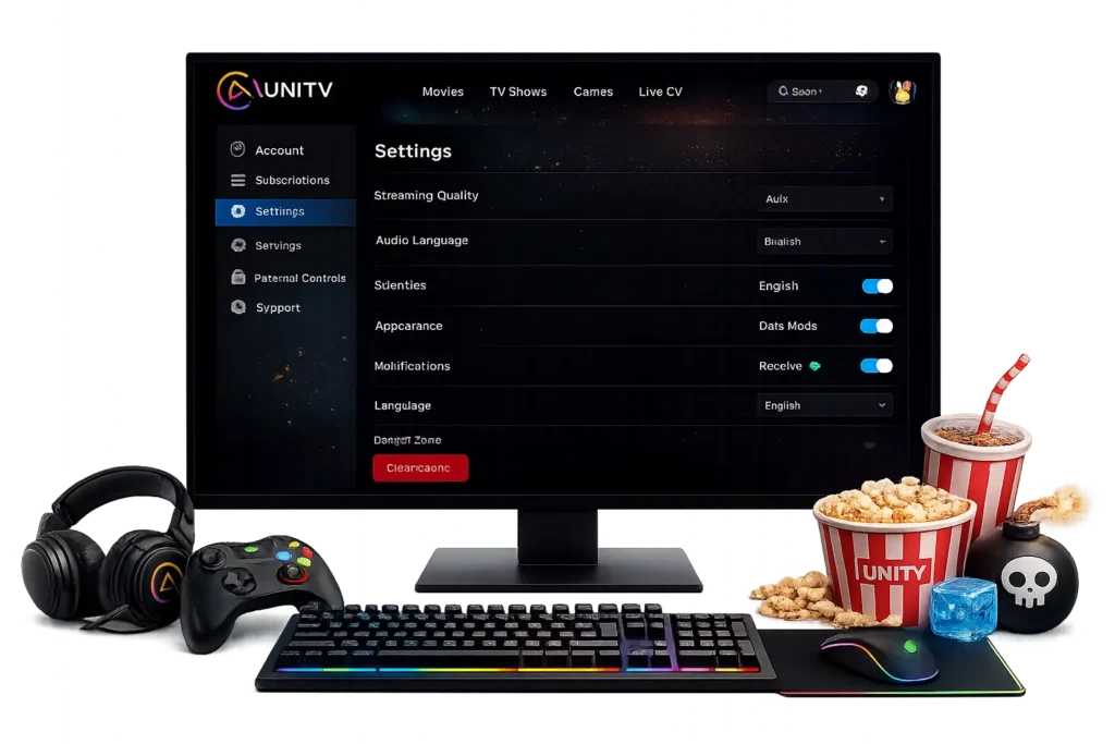 Download UniTV PC APK Latest Version Free (Windows 11/10/8/7) 4 Desktop PC displaying the UniTV app Settings page with streaming quality, audio, subtitles, language, appearance, notifications, and account options. The monitor is surrounded by a gaming keyboard, mouse, controller, headphones, popcorn, and a drink on a transparent background