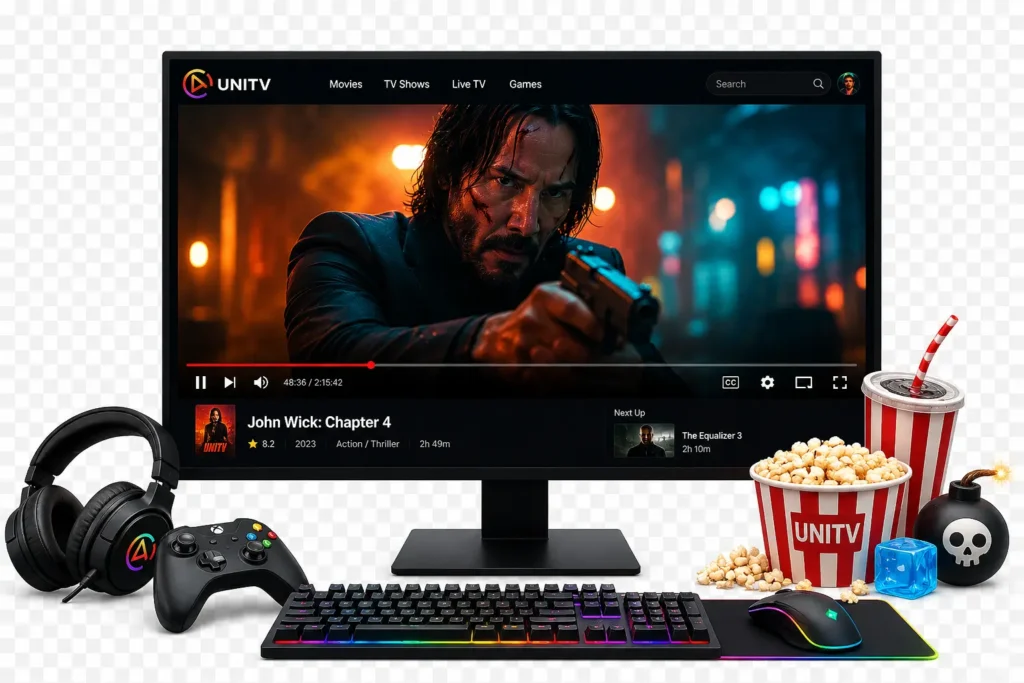 Download UniTV PC APK Latest Version Free (Windows 11/10/8/7) 2 Desktop PC monitor displaying the UniTV app streaming a movie in full-screen mode, with playback controls visible, surrounded by a gaming keyboard, mouse, controller, headphones, popcorn, and a soft drink on a transparent background.