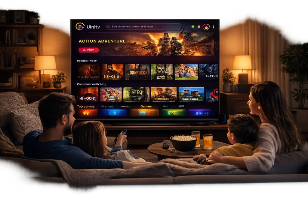 Download UniTV APK TV Boxes & Android TV (Latest Version 2026 Free) 3 A family of four relaxing on a sofa while watching the UniTV app on a large Smart TV in a cozy living room, with movies and TV shows displayed on the screen.