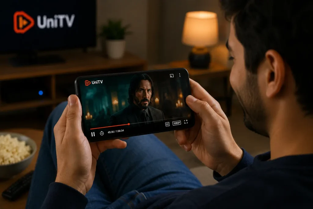 UniTV APK No Sound Problem – Easy Fixes 4 Person happily watching a movie on the UniTV APK app on a mobile phone after fixing the sound problem