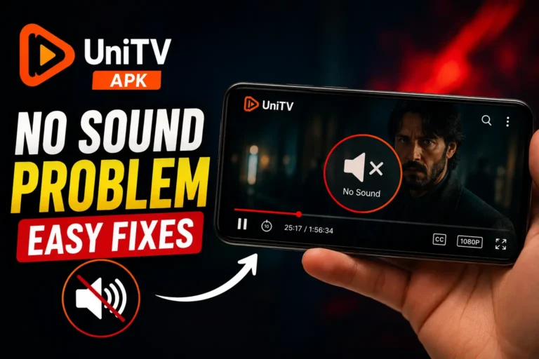 UniTV APK No Sound Problem – Easy Fixes featured image showing a smartphone playing a movie with a muted speaker icon