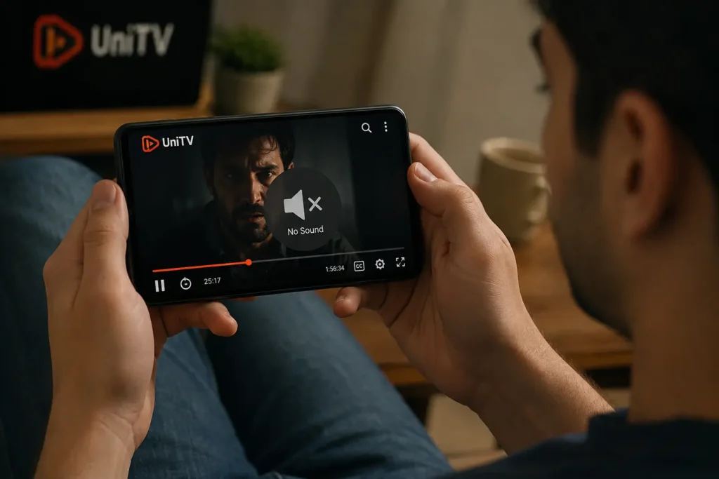 UniTV APK No Sound Problem – Easy Fixes 1 Person watching a video on the UniTV APK app on a mobile phone but getting no sound from the video