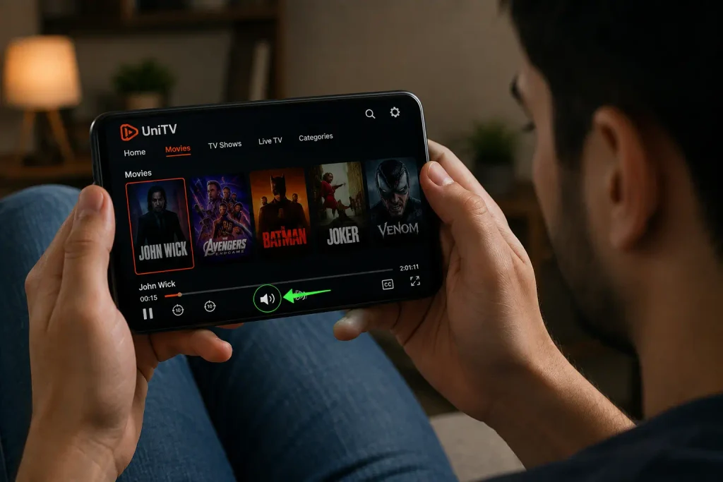 UniTV APK No Sound Problem – Easy Fixes 2 Person trying another movie on the UniTV APK mobile app to check whether the audio is working properly