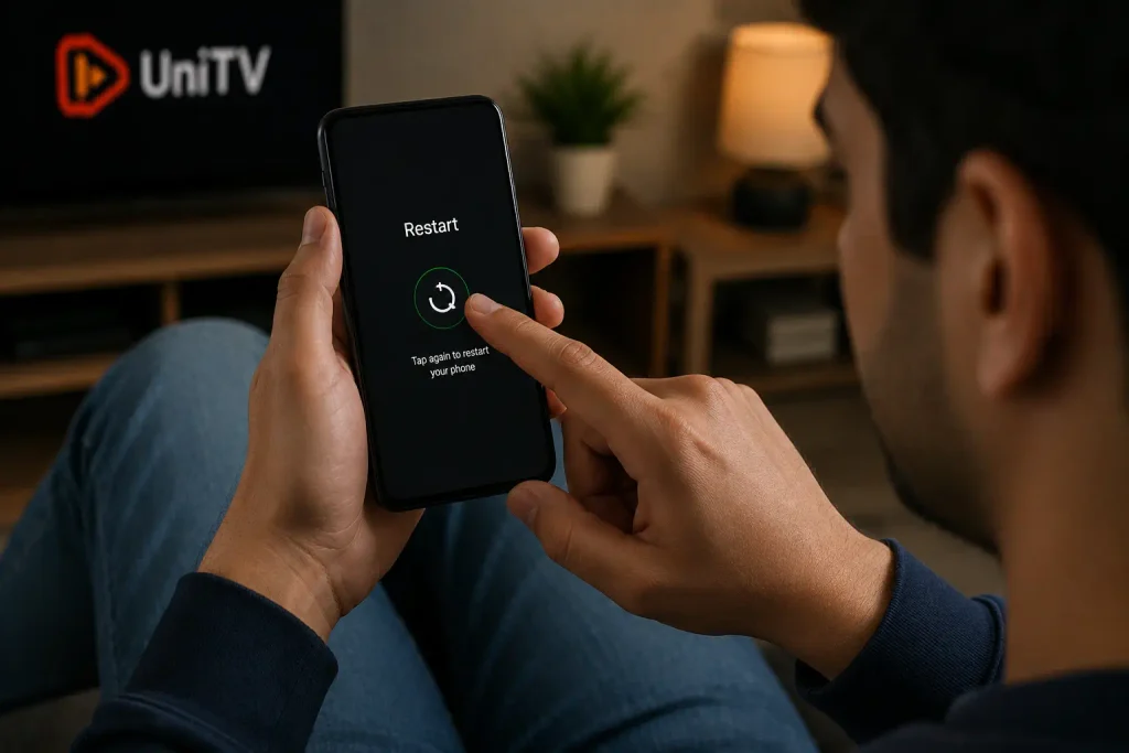 UniTV APK No Sound Problem – Easy Fixes 3 Person checking and restarting a mobile phone to fix the UniTV APK no sound problem