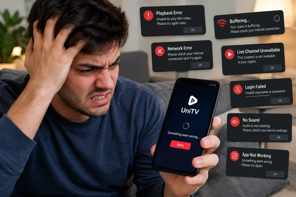 Frustrated person watching UniTV APK on a smartphone with playback, buffering, network, login, and sound errors.