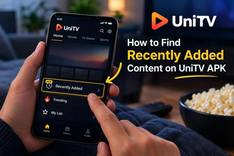 Person using a smartphone to browse the UniTV APK interface, with “Recently Added” highlighted on the screen, while sitting comfortably with popcorn and a remote nearby. No real movie posters or recognizable movie artwork are shown.