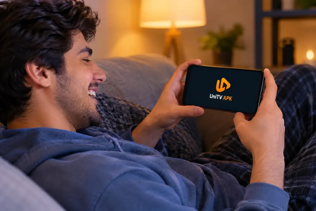 Person laughing while watching UniTV APK on a mobile phone