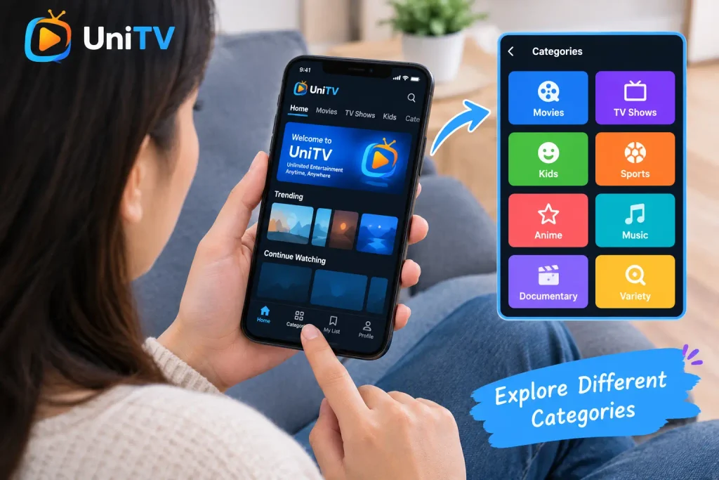 Explore Different Categories in unitv apk