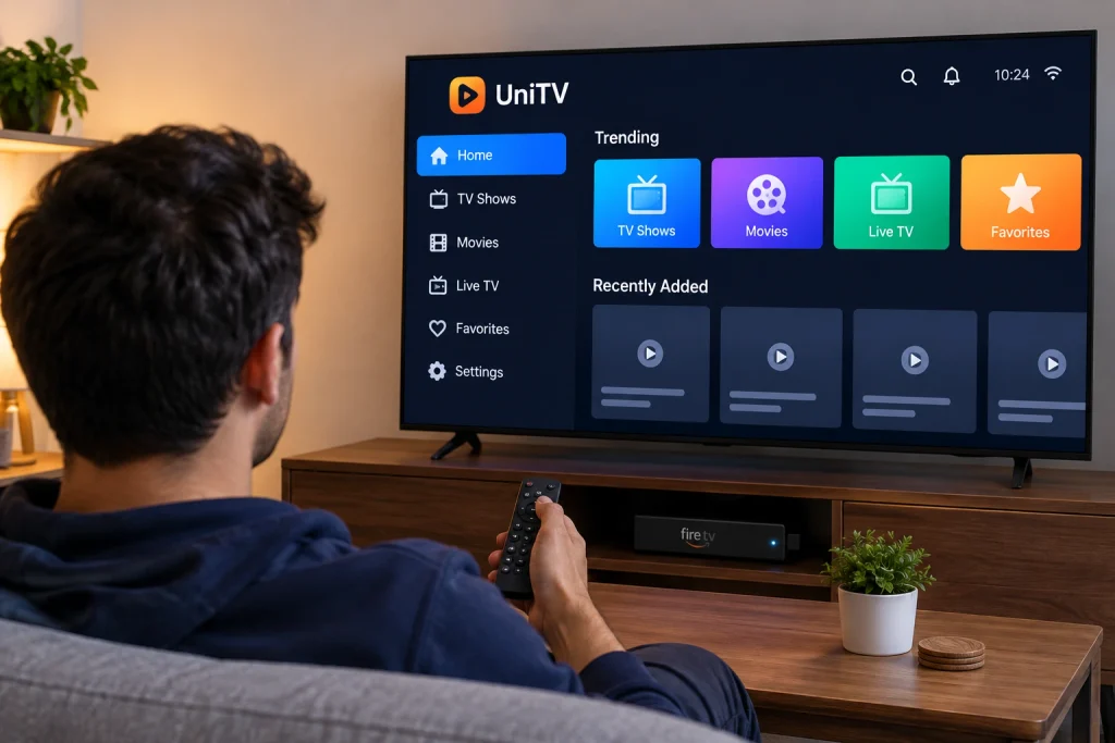 Person watching UniTV APK on a Firestick connected to a TV.