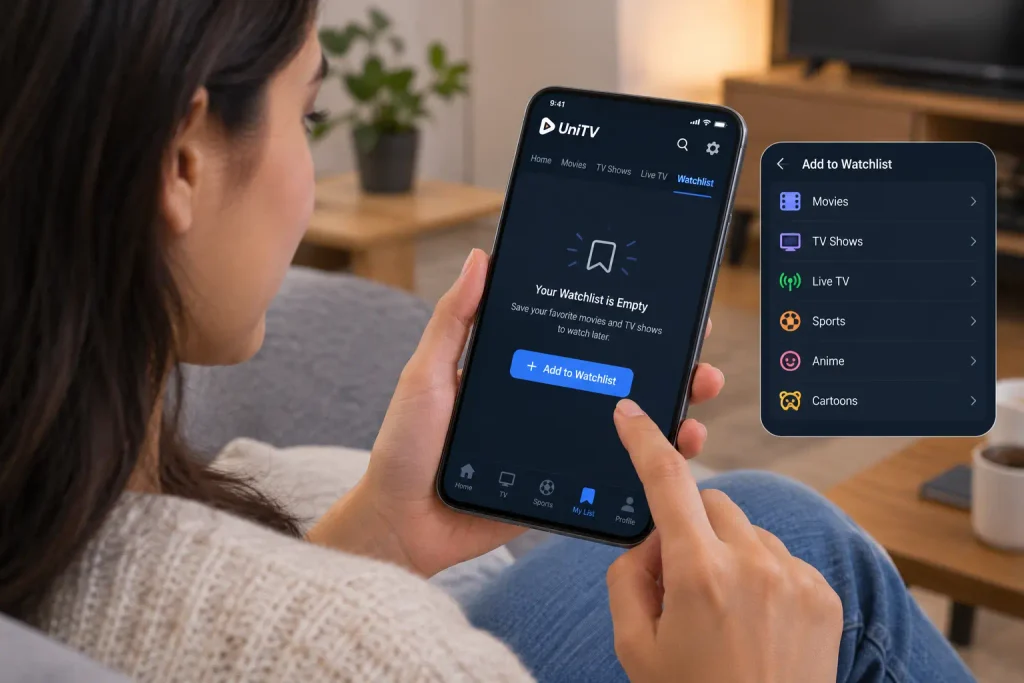 Person adding content to a UniTV APK watchlist on a smartphone.