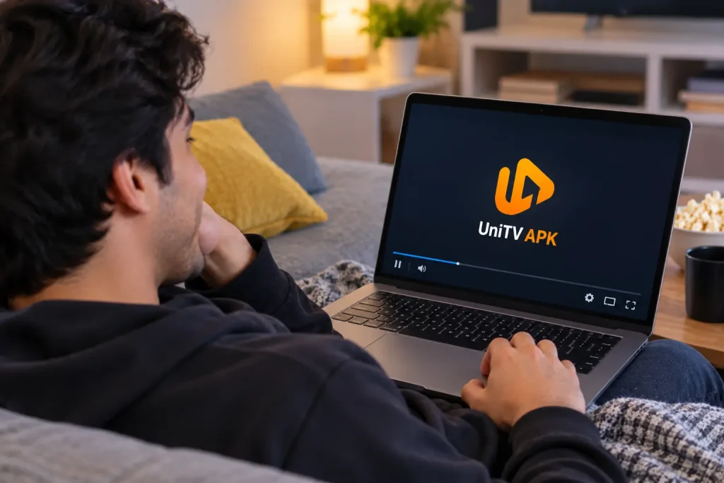 Person watching UniTV APK on a laptop computer