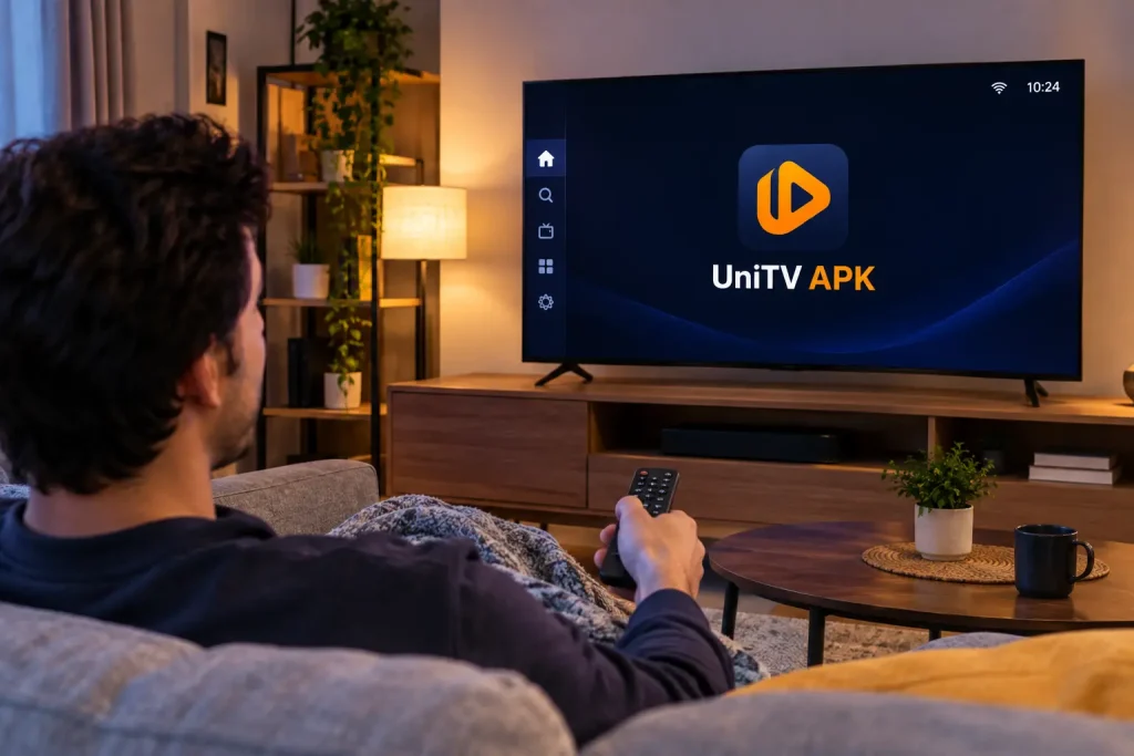 Person watching UniTV APK on a Smart TV with a remote