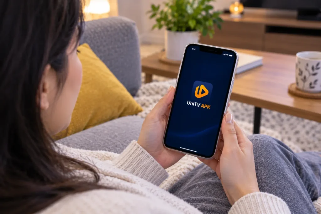 Person watching UniTV APK on an iPhone