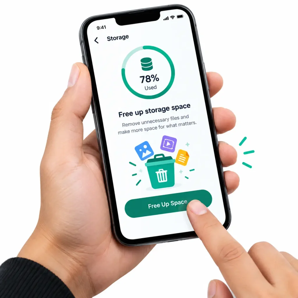 UniTV APK Closes Automatically – Causes and Easy Fixes 2 Hand holding a mobile phone showing the Free Up Storage Space option.