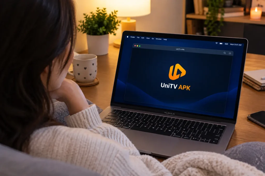 Person watching UniTV APK on a MacBook