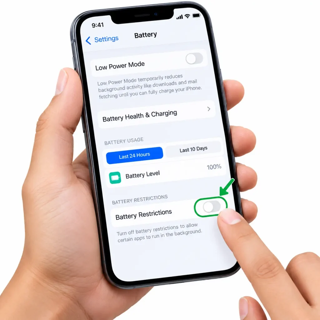 UniTV APK Closes Automatically – Causes and Easy Fixes 3 Hand holding a mobile phone showing battery settings with battery restrictions turned off.