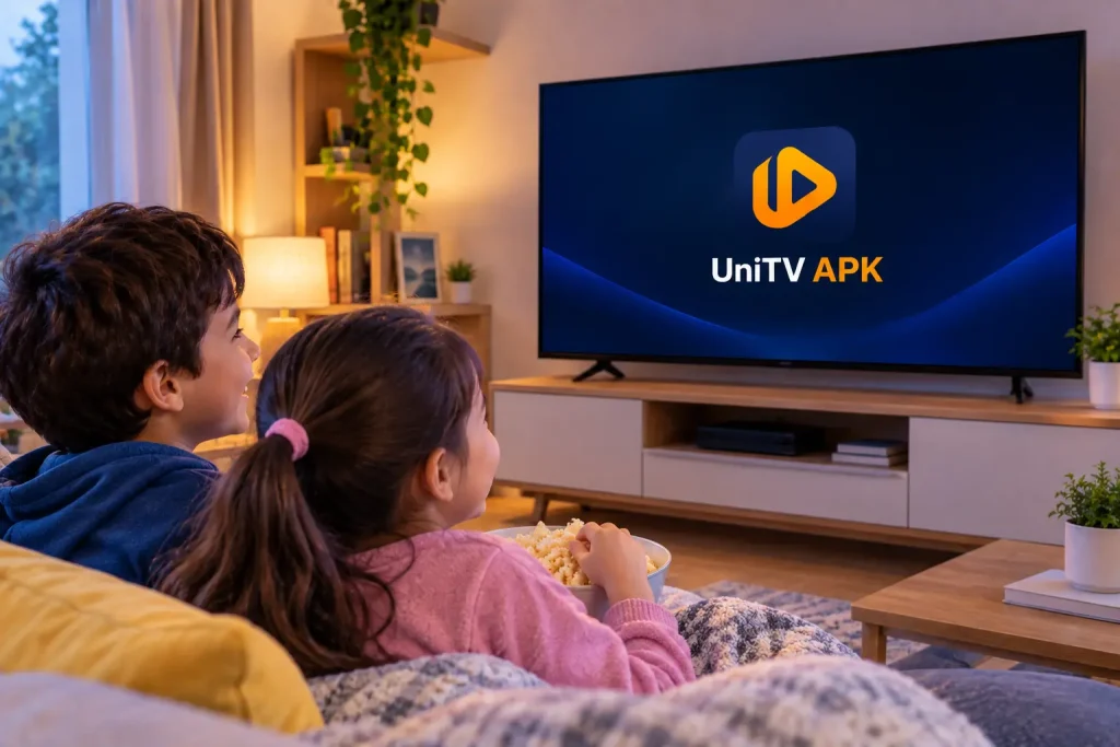 Kids happily watching UniTV APK on a Smart TV