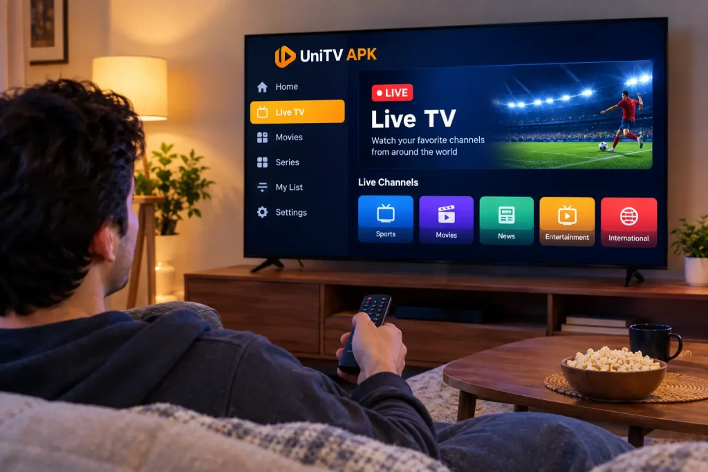 UniTV APK Live TV feature displayed on a Smart TV