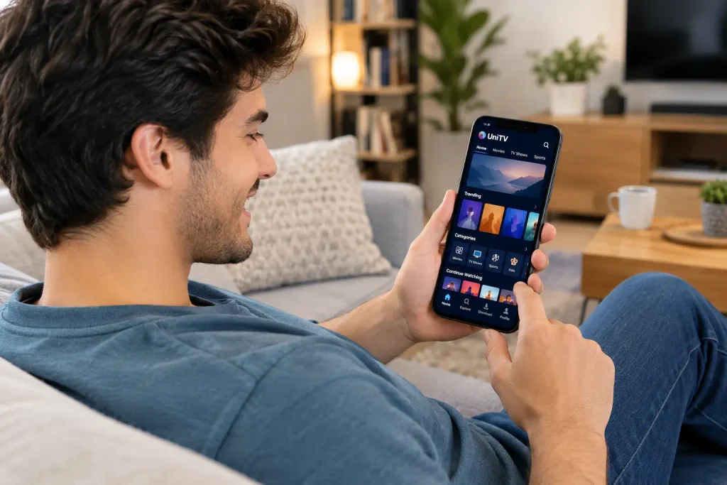 Person happily using the UniTV app on a smartphone at home.