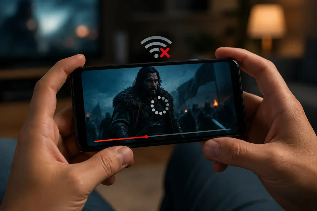 UniTV APK Download Latest Version v4.14.1 Android Free 2026 12 Hands holding a smartphone while watching a movie, with mobile data running out.