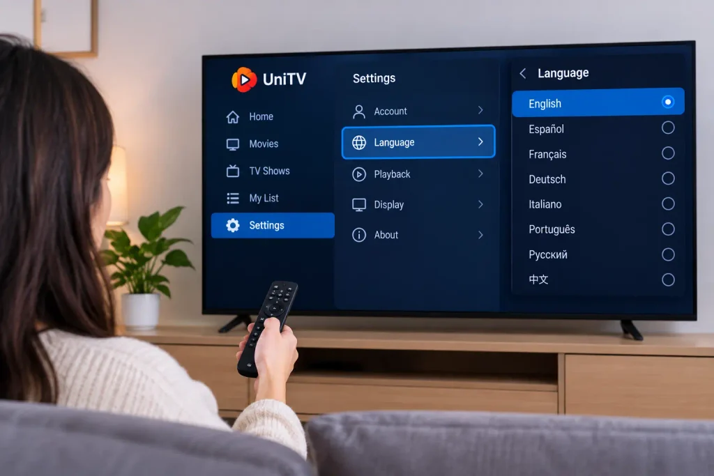 How to Change Language on UniTV APK 1 Person changing language settings on UniTV APK using a TV remote